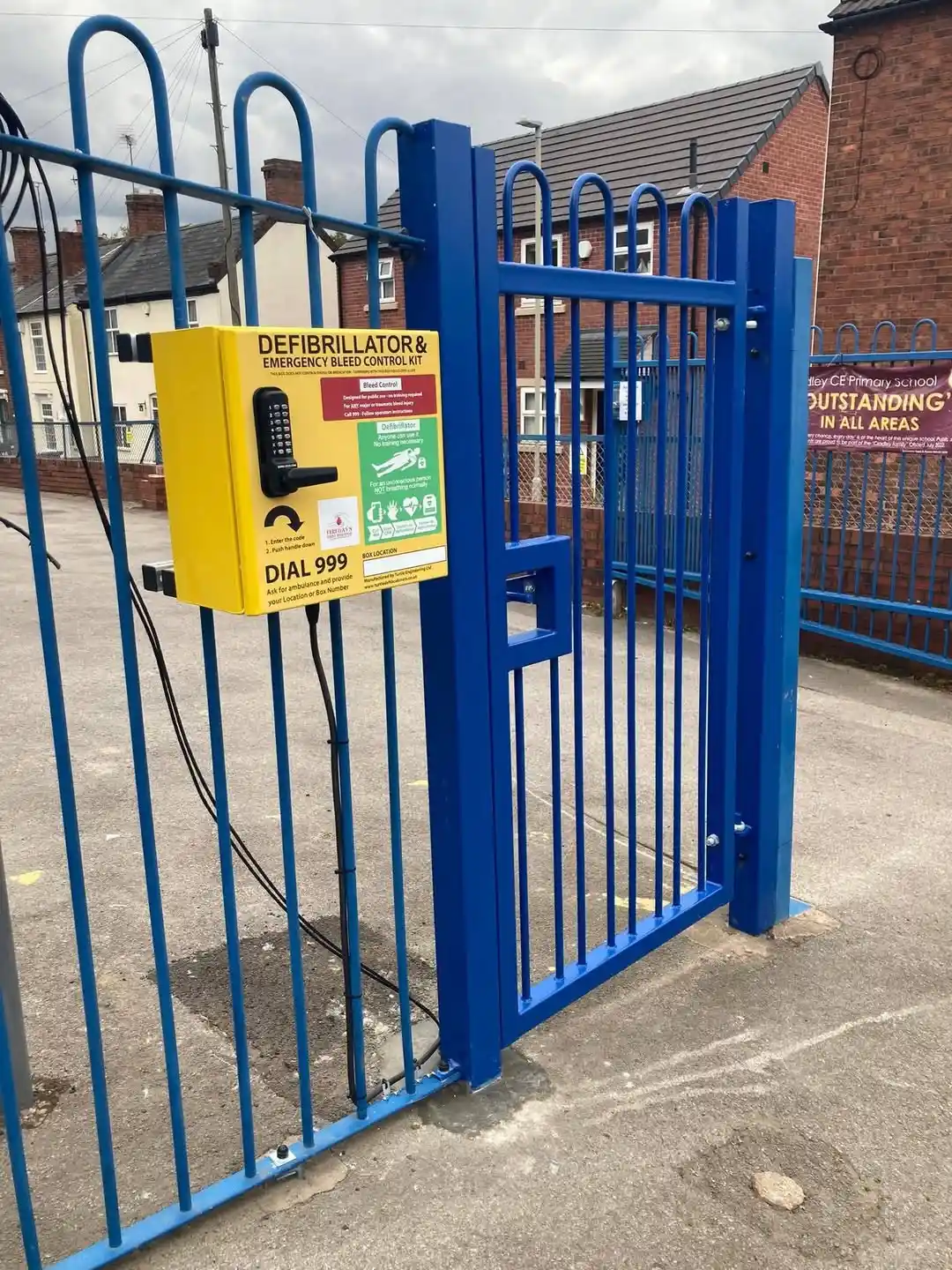 Defibrillator and bleed control kit at Cradley C of E Primary School